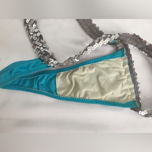 Silver sequins and teal thong and garter set, fits like L imo, stretchy. - Picture 5 of 7